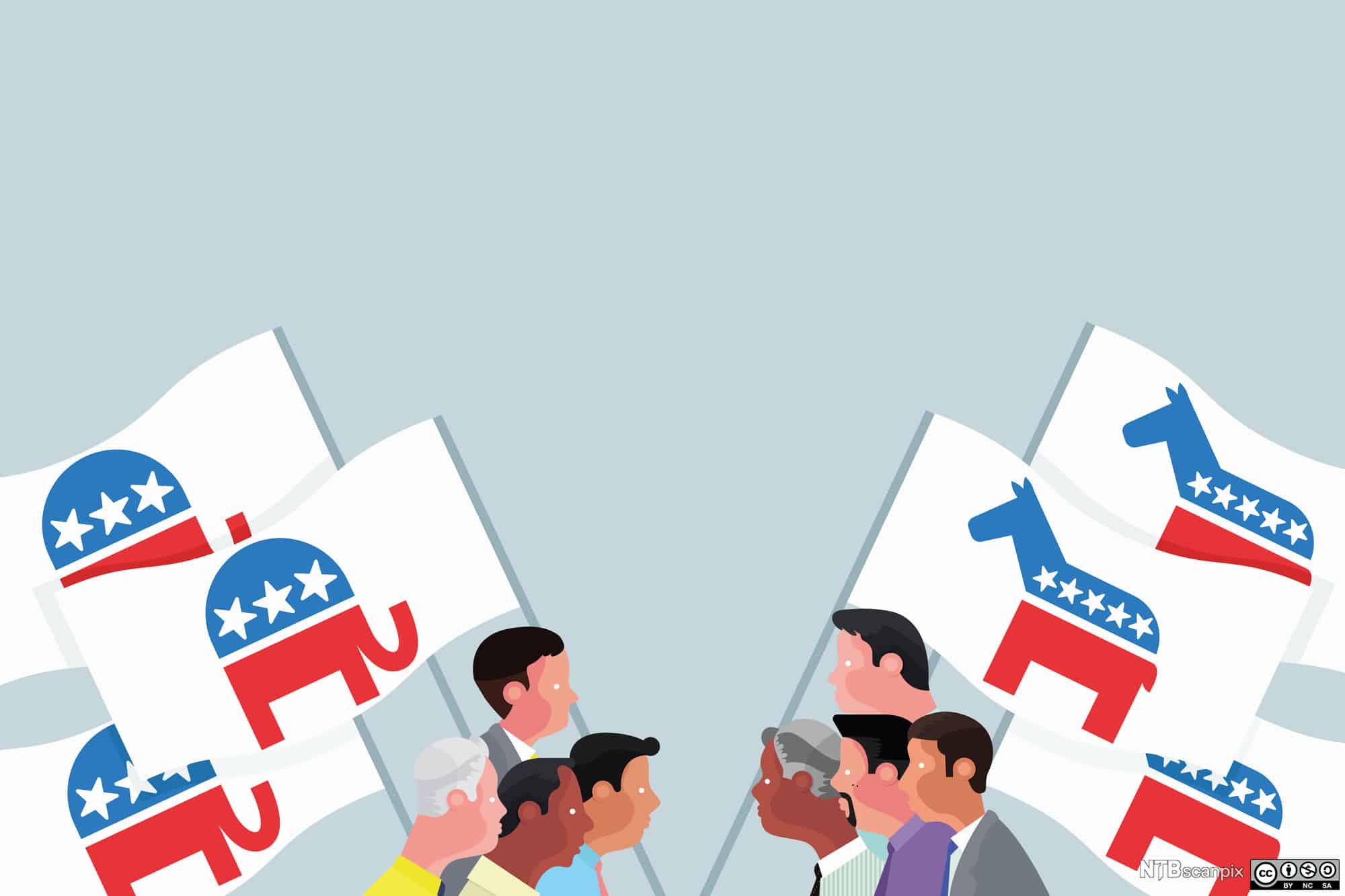 A graphic of people with signs with the Republican elephant and Democratic donkey face off.