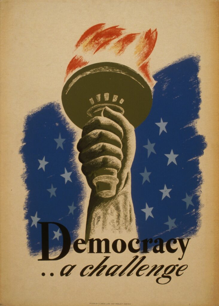 Save Democracy. The importance of voting, as signified here by Lady Liberty's torch, is clear.