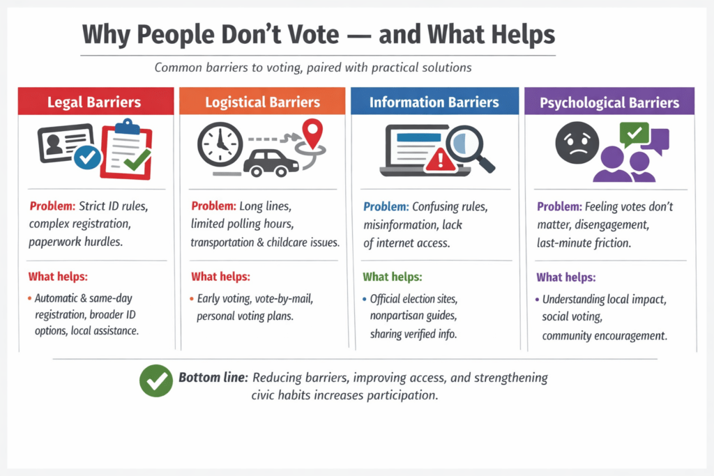 Infographic showing legal, logistical, informational, and psychological barriers to voting and solutions