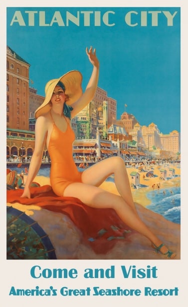 A poster or stamp of a lady sitting on the beach in Atlantic City, New Jersey