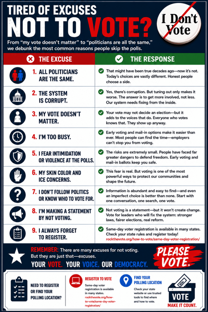 A graphic highlighting the excuses for reasons people do not vote and the best responses.