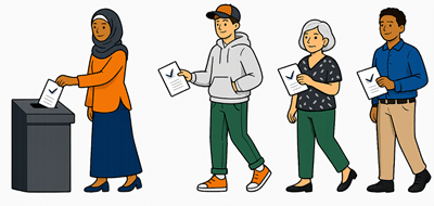 Diverse group of voters casting ballots at a polling station, with one person dropping a ballot into a ballot box.
