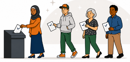 People in line casting ballots into a ballot box at a polling place, icons of voting in the background.