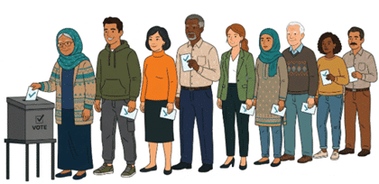 A diverse line of people voting, placing ballots into a ballot box at a polling station.
